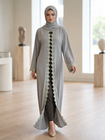 Dove Grey Abaya with Sage Green Floral Lace Trim