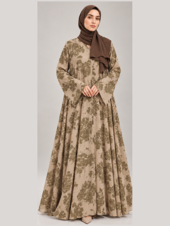 Beige & Olive Brown Botanical Print Abaya